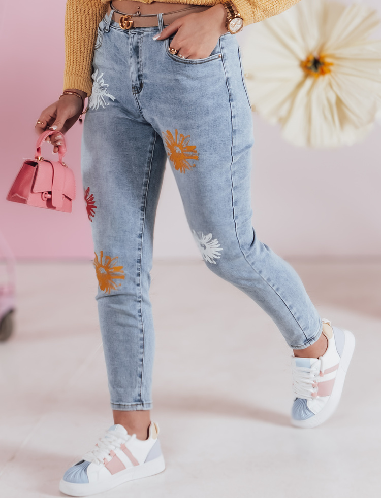 Modré dámske slim fit džínsy s kvetinovou potlačou FLORENSSO UY2467 Veľkosť: XS