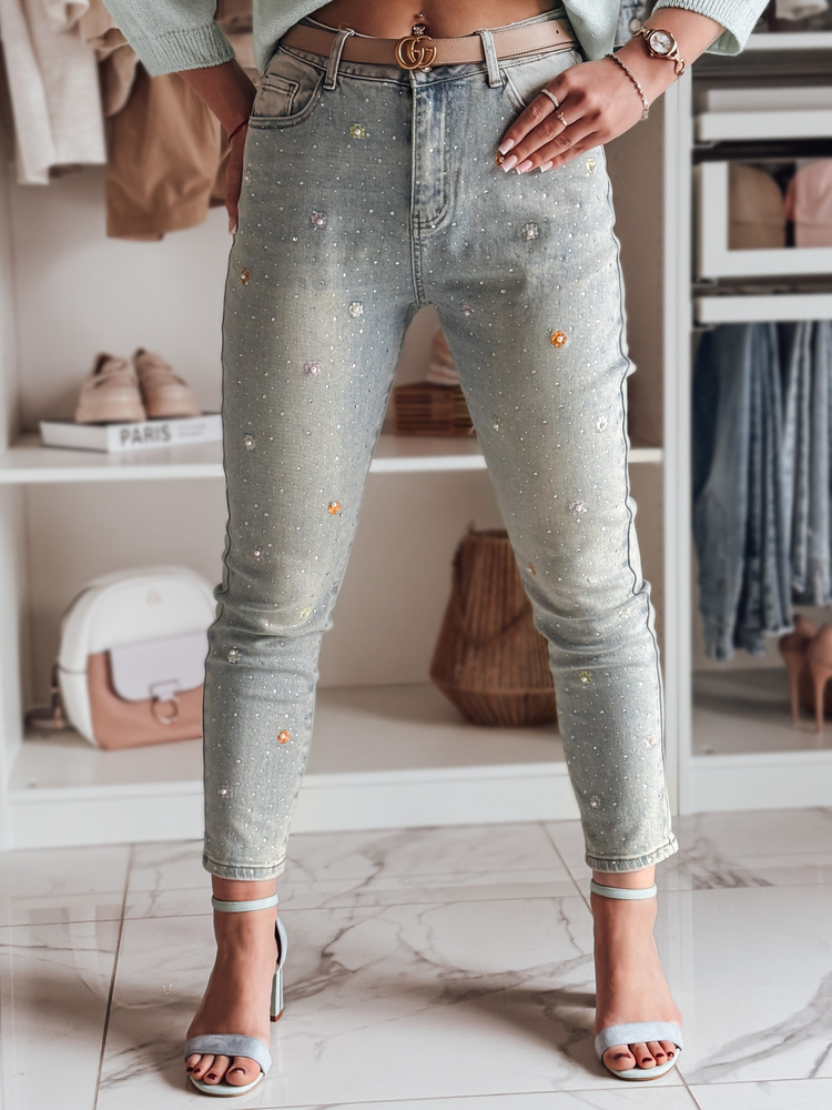 Svetlomodré dámske skinny džínsy zdobené jemnými perličkami a kvetinami PERLAON UY2477 Veľkosť: XS