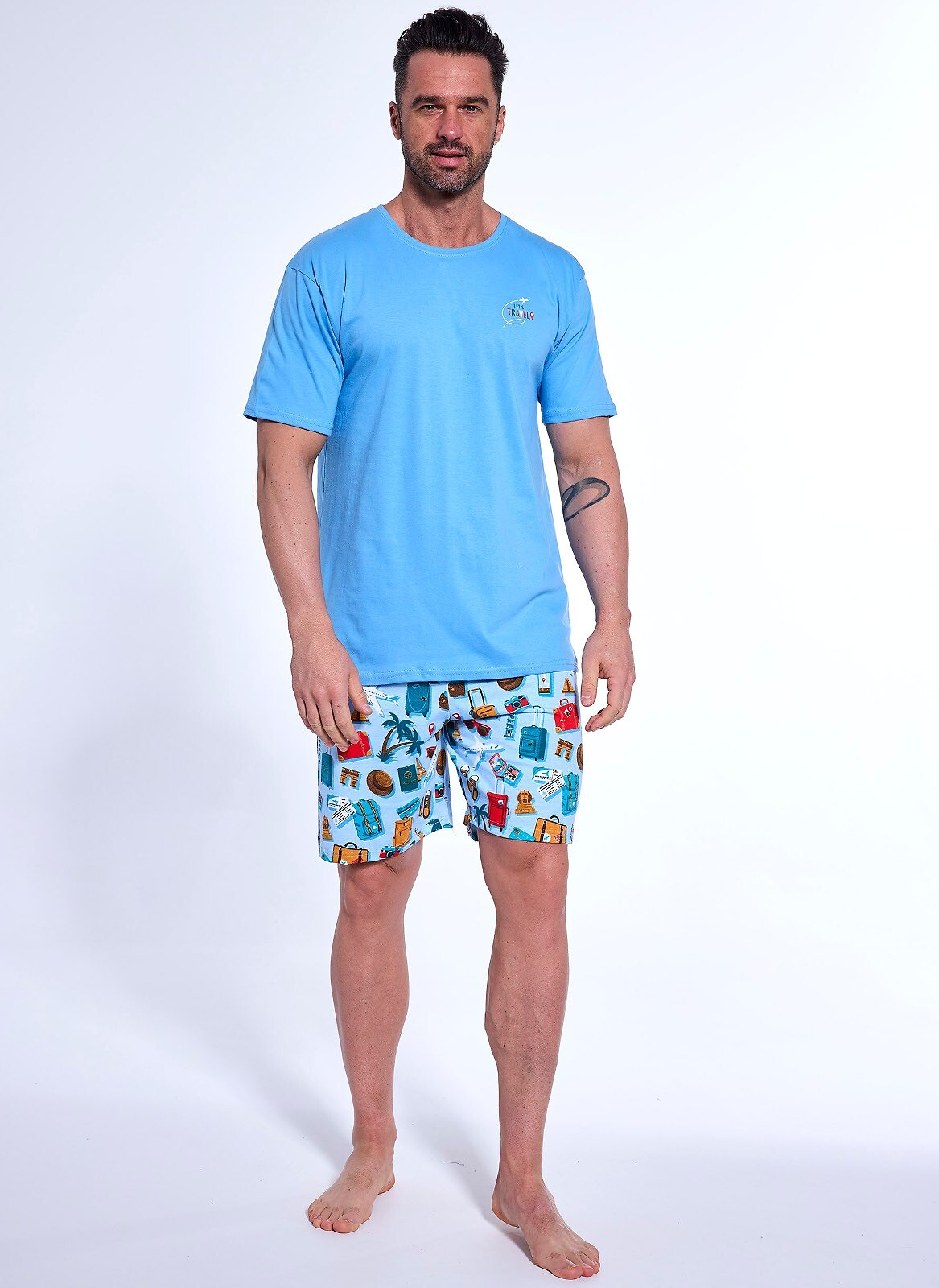 Modré pánske krátke pyžamo so vzorovanými kraťasmi Cornette Travel 326/174 kr/r M-2XL meska Veľkosť: S, Barva: Modrá