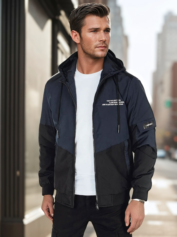 Modro-čierna pánska prechodná bunda s kapucňou a potlačou TX5026 Veľkosť: M