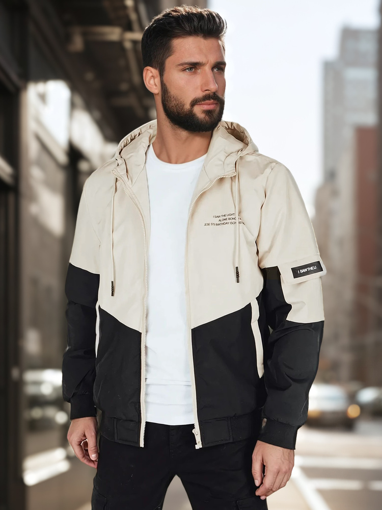 Smotanovo-čierna pánska prechodná bunda s kapucňou a potlačou TX5027 Veľkosť: 2XL