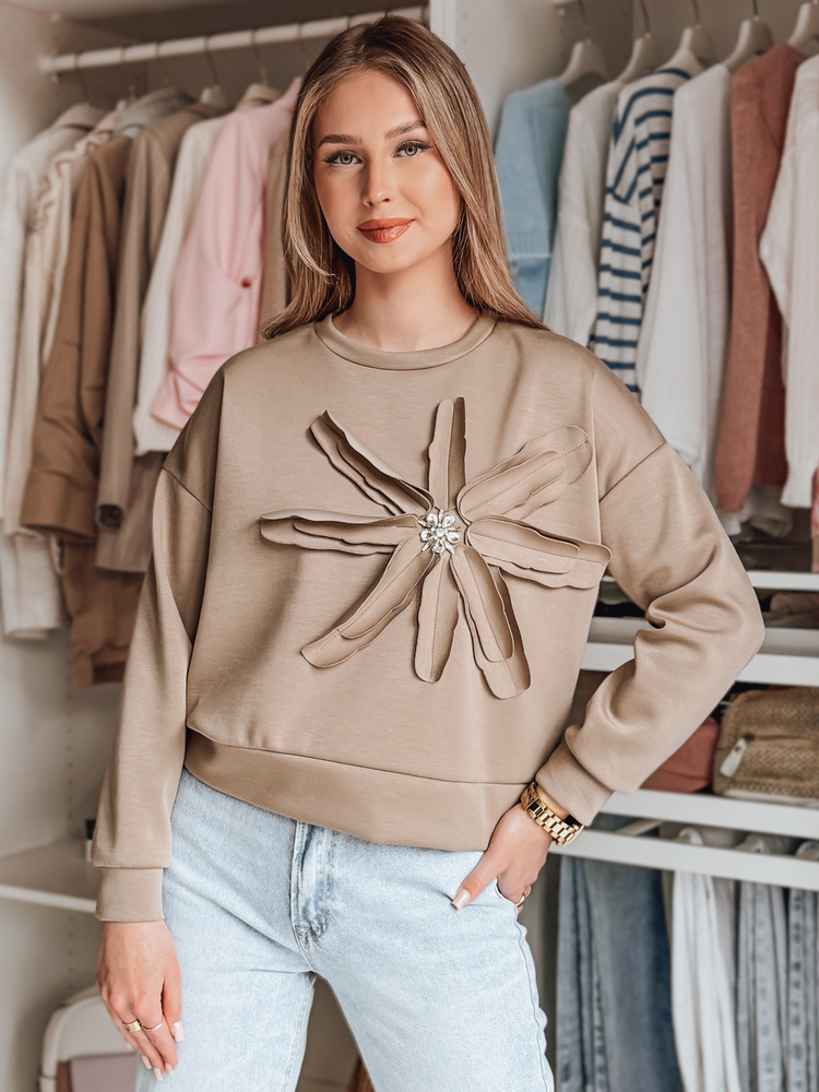 Béžová mikina s kvetinovým motívom a brošňou PETITKA BY1386 Veľkosť: ONE SIZE