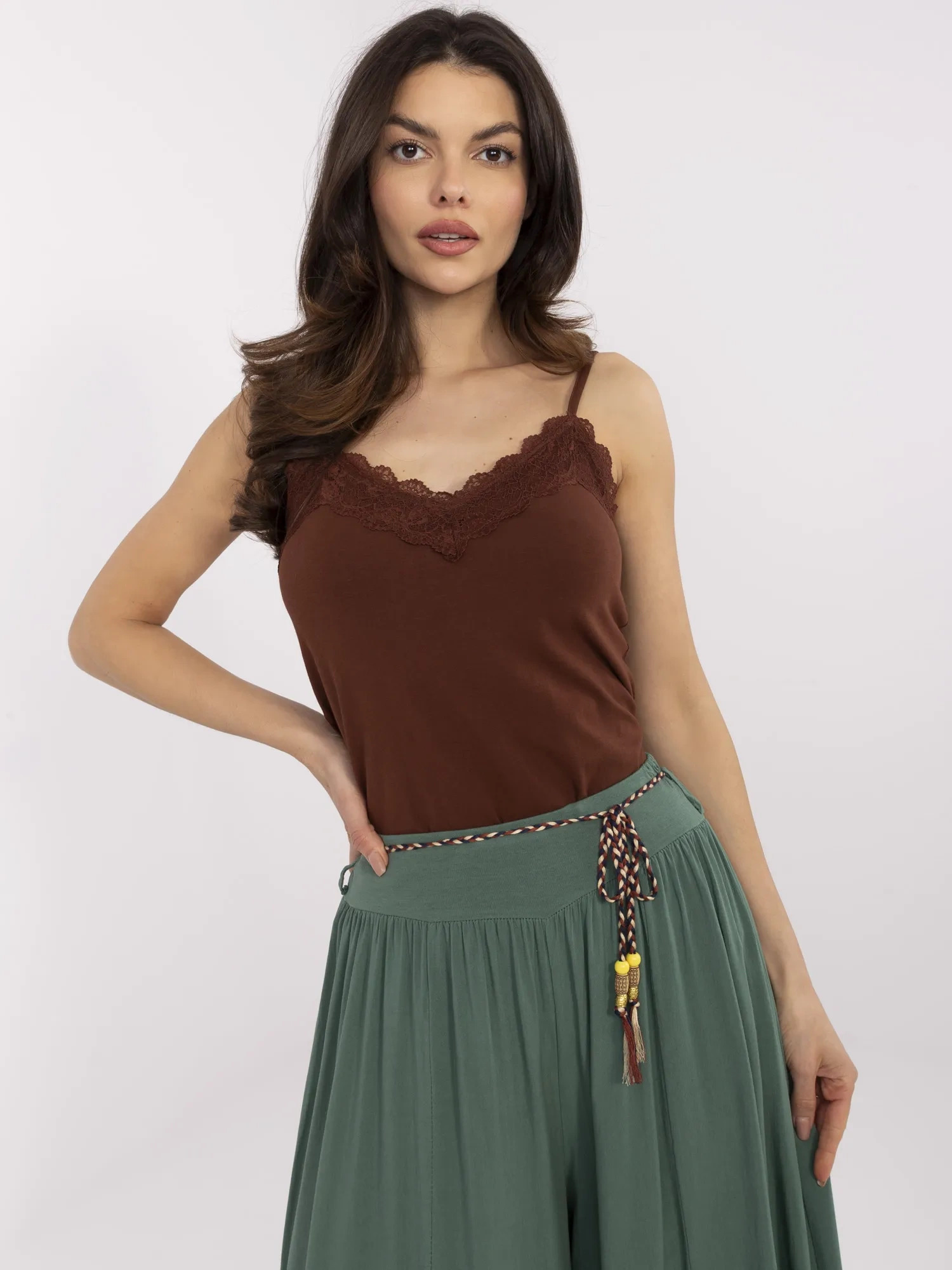Hnedé dámske tielko s čipkou D15200M02399A-beige Veľkosť: XS