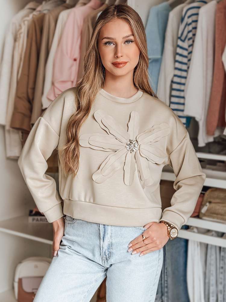 Svetlobéžová mikina s kvetinovým motívom a brošňou PETITKA BY1388 Veľkosť: ONE SIZE