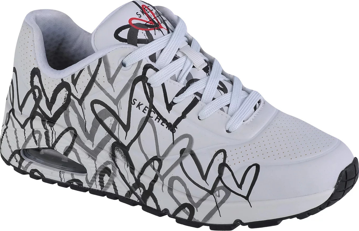 Biele dámske tenisky Skechers Uno - Spread The Love s čierno-sivým motívom 155507-WBGY Veľkosť: 38