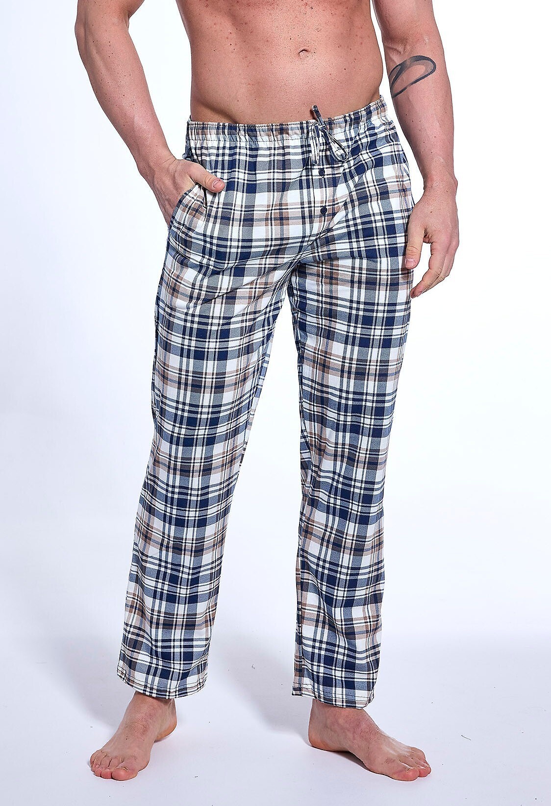 Dlhé pánske kárované pyžamové nohavice Cornette 691/59 3XL-5XL meskie Veľkosť: 4XL, Barva: smotanovo-modrá