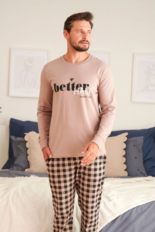 Béžové pánske pyžamo s kockovanými nohavicami Veľkosť: 2XL