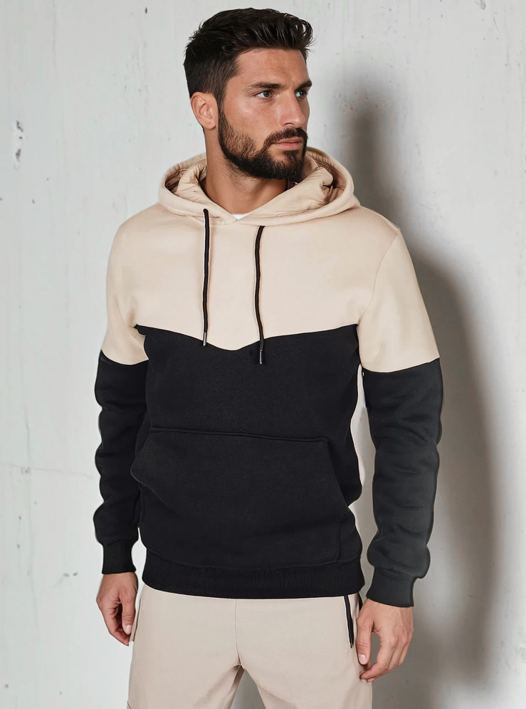 Béžovo-čierna pánska basic mikina s kapucňou BX5880 Veľkosť: 2XL