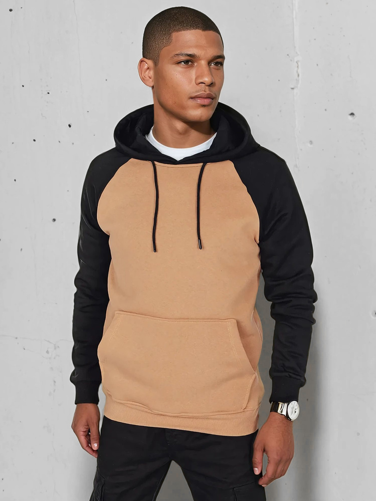 Béžovo-čierna pánska pohodlná mikina s klokaním vreckom BX5891 Veľkosť: M