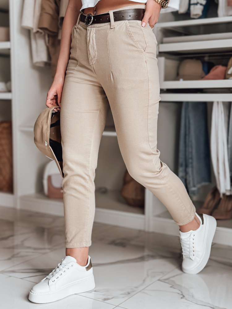 Béžové dámske slim fit nohavice s vysokým pásom UY2545 Veľkosť: M