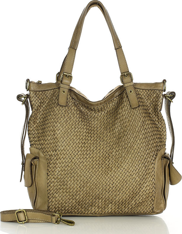 MARCO MAZZINI Béžová kožená shopper kabelka s pleteným vzorom (v202e) Veľkosť: ONE SIZE
