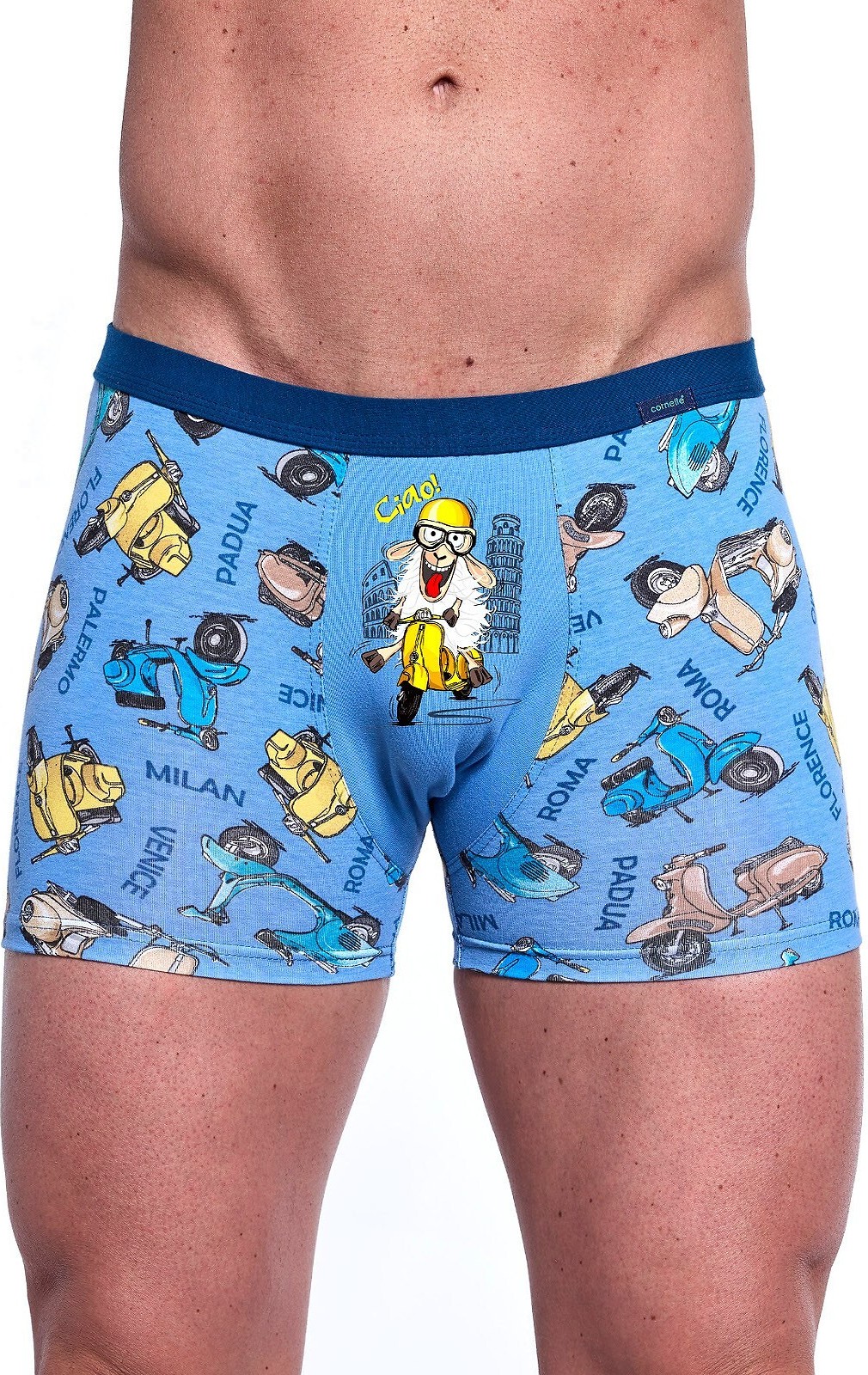 Modré pánske boxerky so zábavnou potlačou Cornette Tattoo 280/243 Ciao S-2XL Veľkosť: 2XL, Barva: Modrá