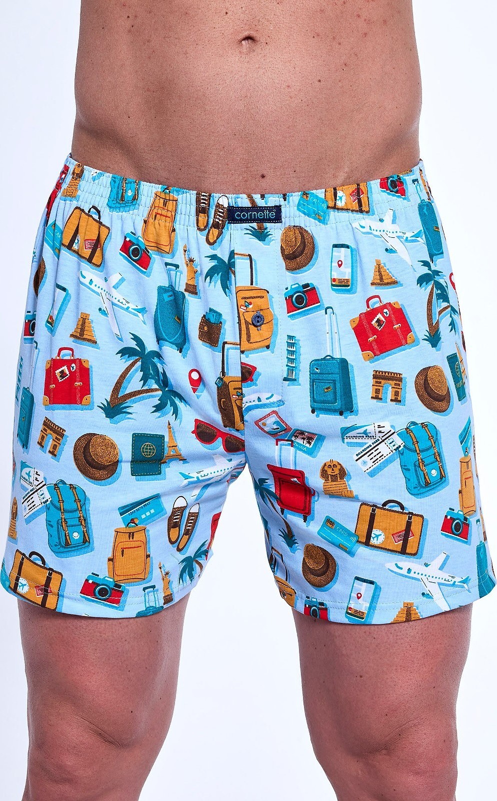 Svetlomodré pánske trenírky s farebnou potlačou Cornette Classic Plus 011/169 3XL-5XL Veľkosť: 4XL, Barva: Modrá