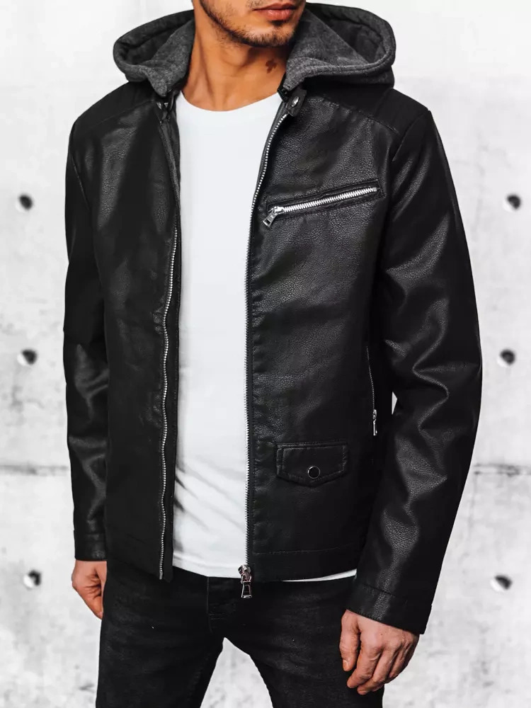 Čierna koženková bunda s kapucňou TX4387 Veľkosť: 2XL