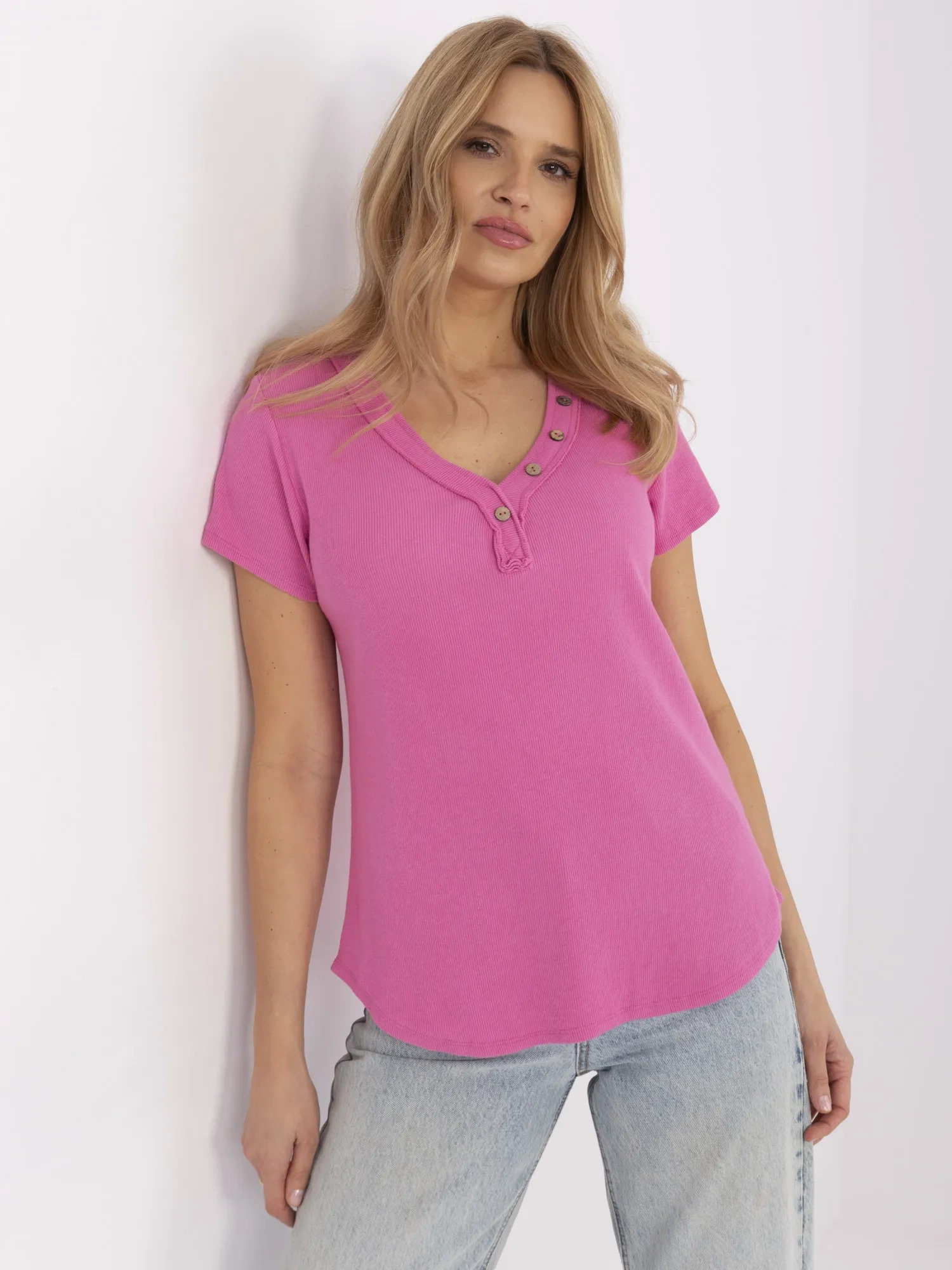 Ružové dámske rebrované tričko s ozdobnými gombíkmi DHJ-BZ-25168.00-pink Veľkosť: ONE SIZE