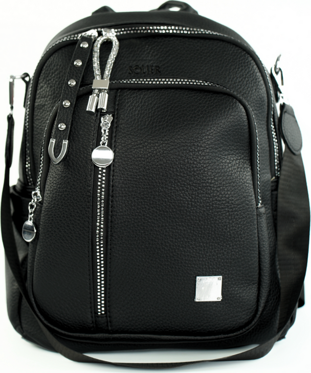 Dámsky čierny štýlový batoh/kabelka so striebornými doplnkami Solier Svalen FV03 SVALEN BLACK 2063 Veľkosť: ONE SIZE
