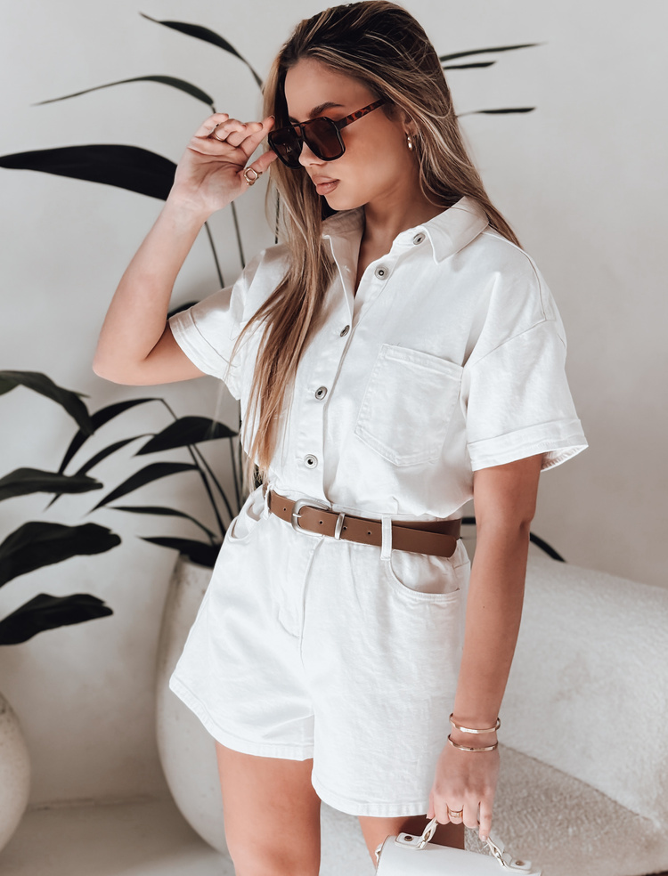 Biely dámsky džínsový overal s opaskom DINOZIA EY2589 Veľkosť: XS