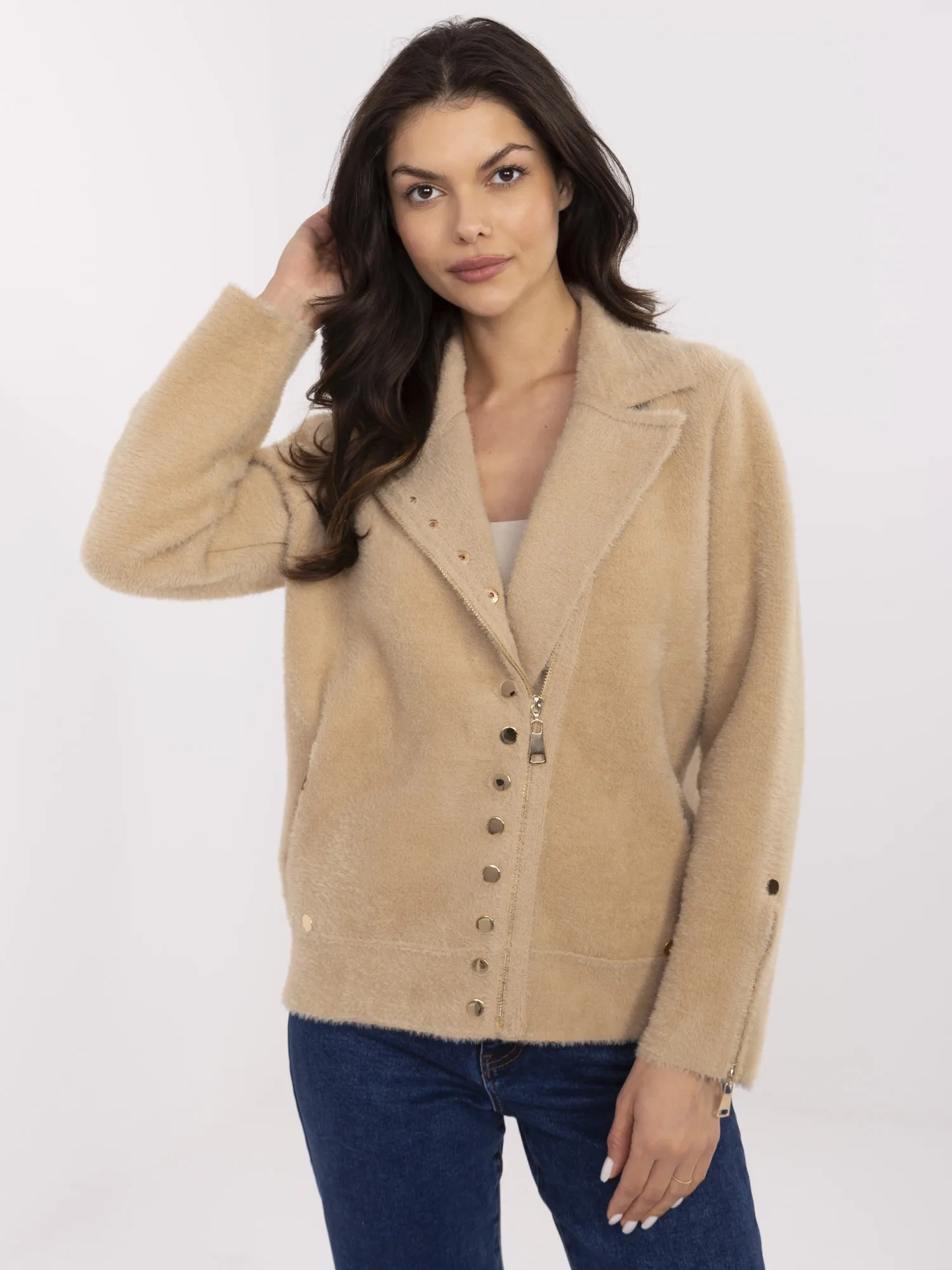 Béžový dámsky vlnený krátky kabát MBM-KR-L176.87-beige Veľkosť: ONE SIZE