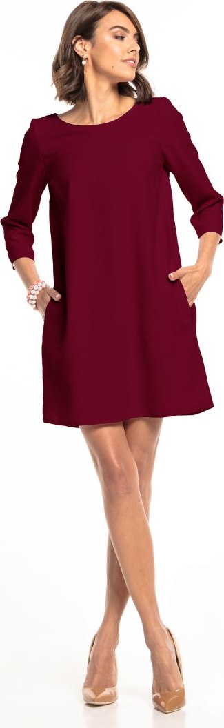 Dámske bordové šaty s elegantnými nabierkami a vreckami T326 - burgundy Rozmiar: XS