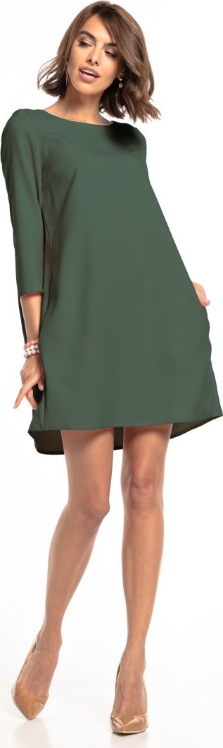 Dámske smaragdové šaty s elegantnými nabierkami a vreckami T326 - dark green Rozmiar: XS