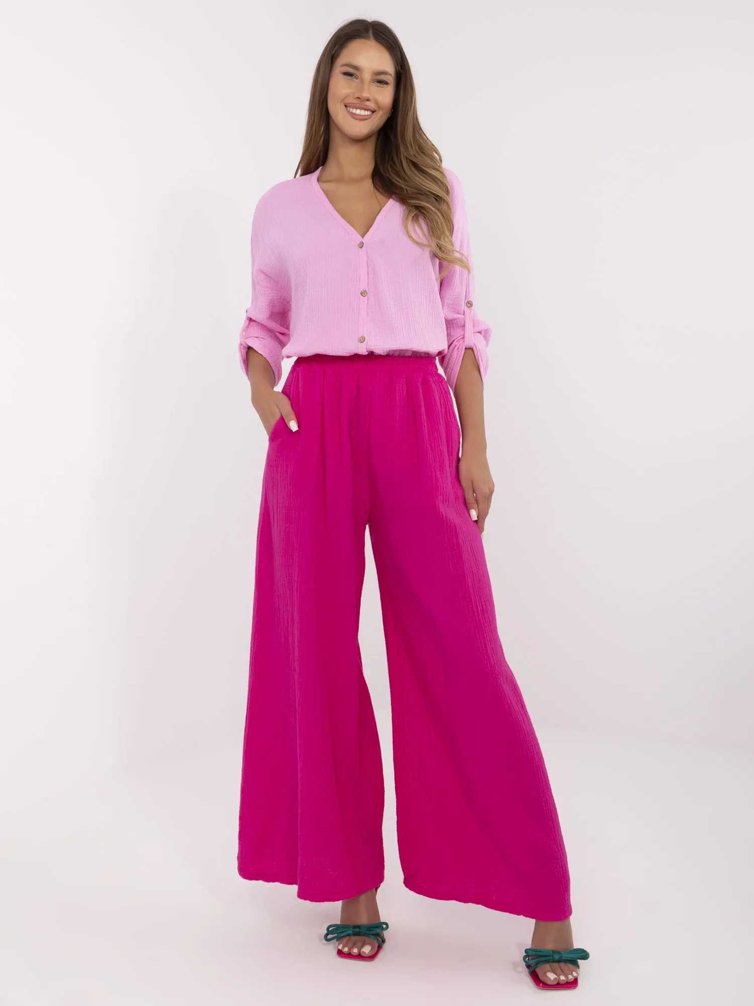 Tmavoružové dámske široké mušelínové nohavice MI-SP-2563.84-fuchsia Veľkosť: ONE SIZE