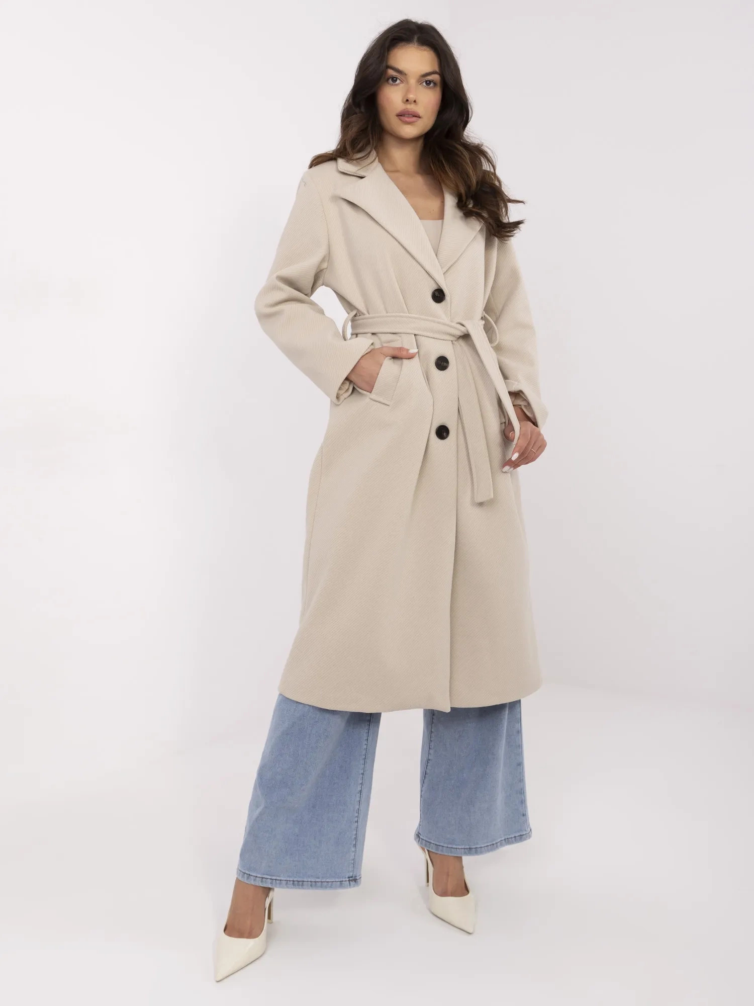 Béžový dámsky dlhý kabát s vreckami MO-PL-1804.00-beige Veľkosť: ONE SIZE