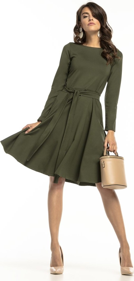 Khaki elegantné dámske úpletové šaty s pásikom T287 - green Rozmiar: XS