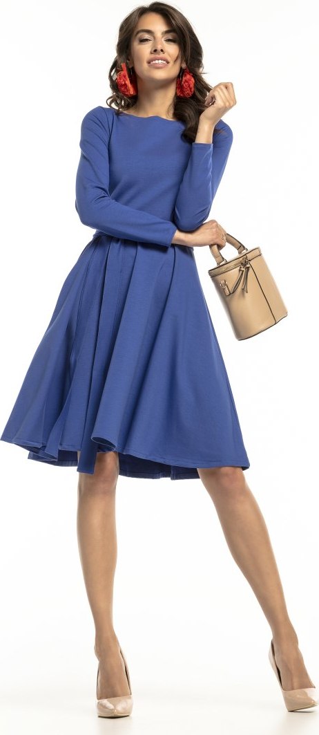 Modré elegantné dámske úpletové šaty s pásikom T287 - cornflower blue Rozmiar: XS