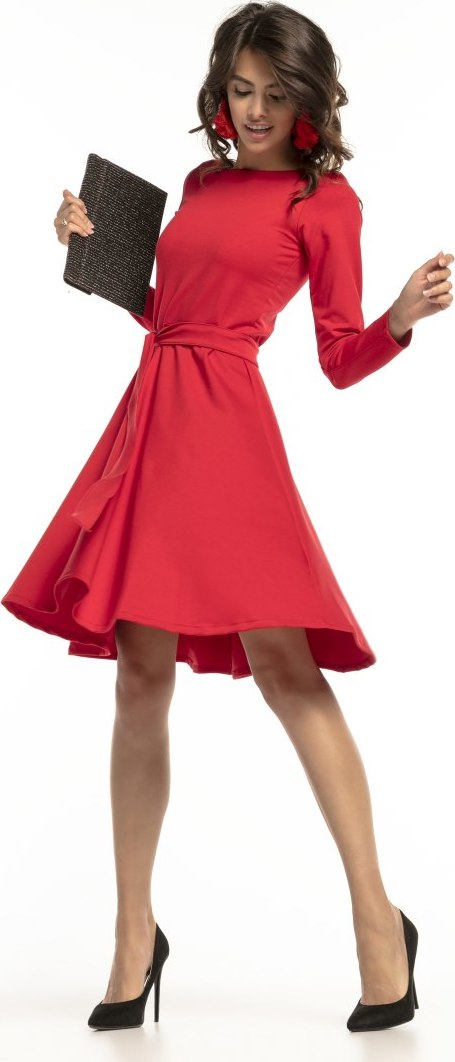 Červené elegantné dámske úpletové šaty s pásikom T287 - red Rozmiar: XS