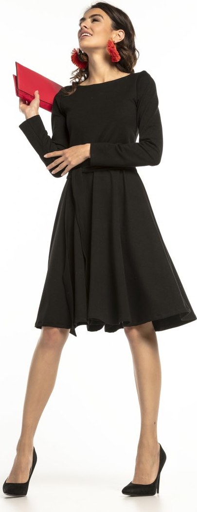 Čierne elegantné dámske úpletové šaty s pásikom T287 - black Rozmiar: XS