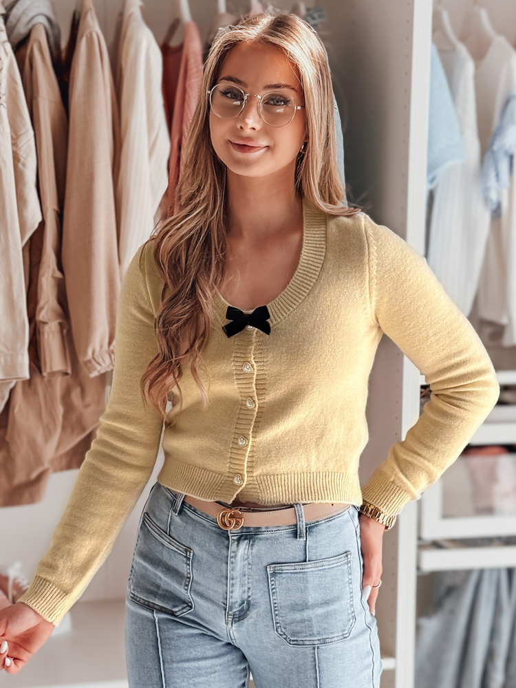 Dámsky béžový krátky sveter s mašľou LAMURE MY2473 Veľkosť: ONE SIZE