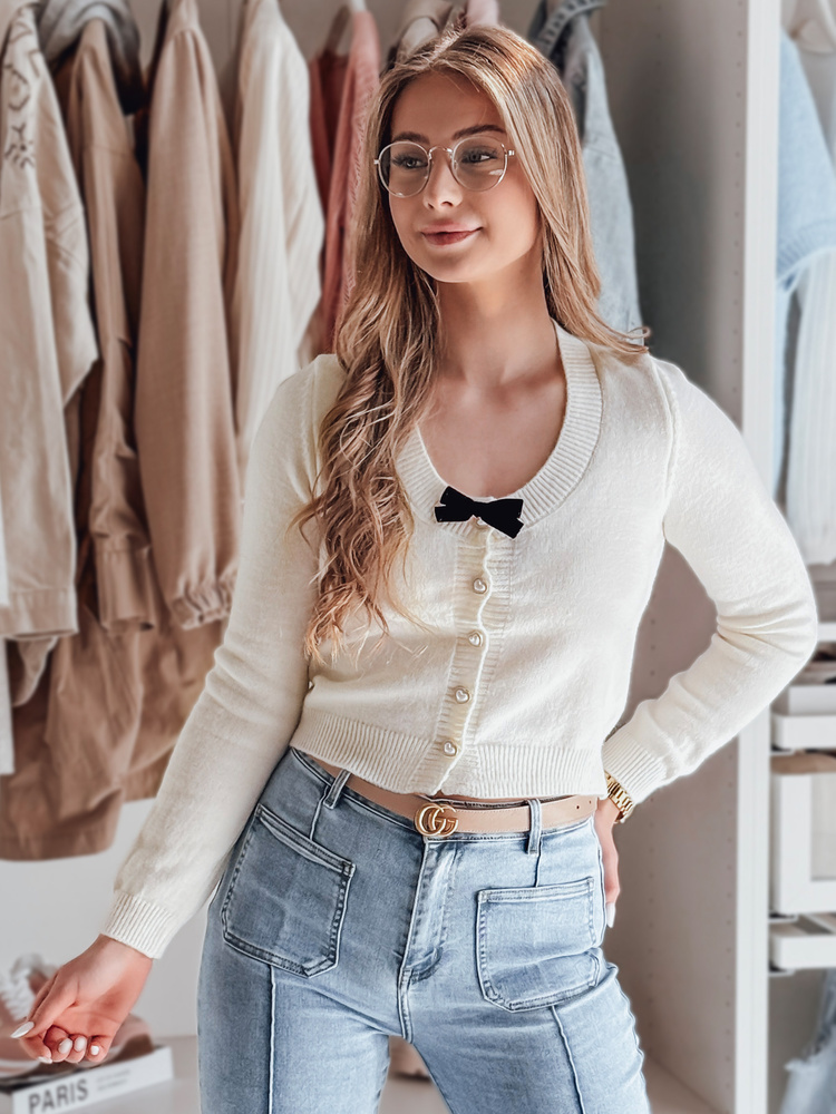 Dámsky smotanový krátky sveter s mašľou LAMURE MY2474 Veľkosť: ONE SIZE