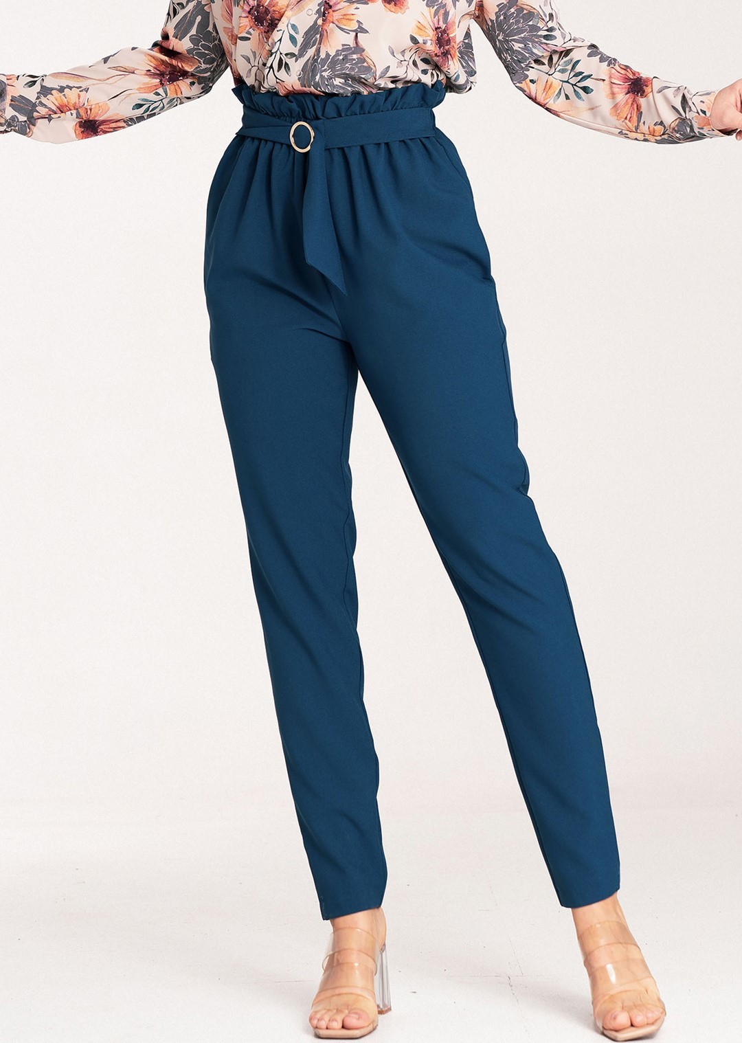 Dámske tmavomodré elegantné nohavice s pásikom M1072 Navy Veľkosť: XL