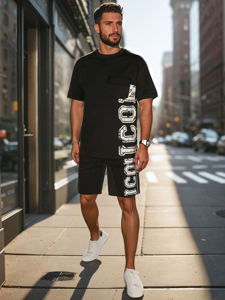 Čierna pánska súprava trička a šortiek s potlačou AX0802 Veľkosť: M