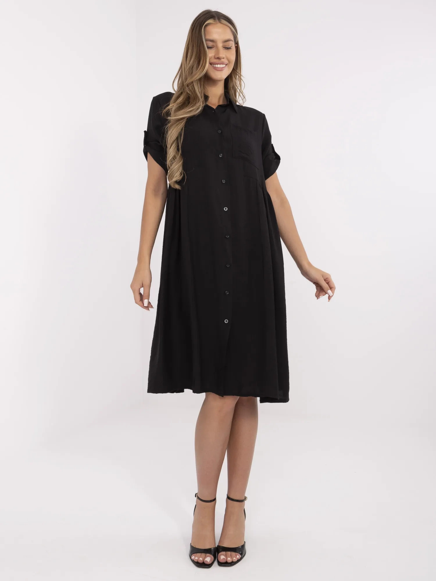 Čierne dámske viskózové košeľové šaty s krátkym rukávom MI-SK-A2275.09-black Veľkosť: ONE SIZE