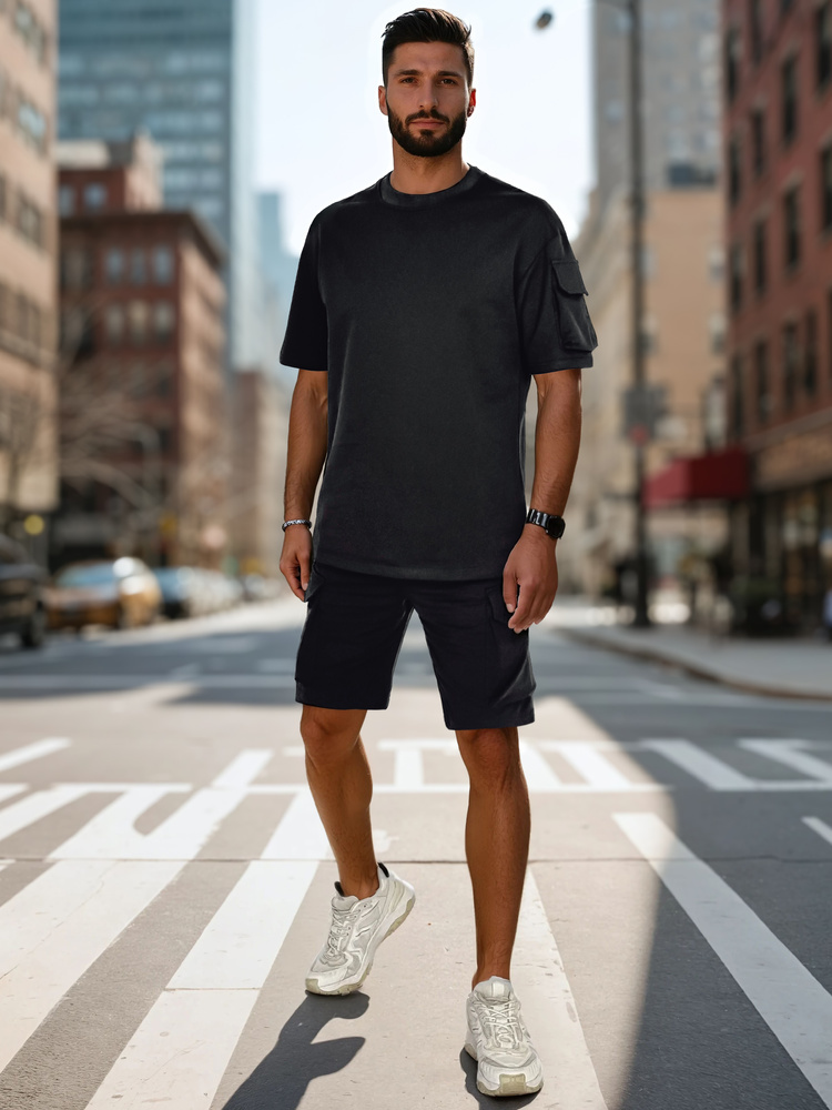 Čierna pánska krátka tepláková súprava s vreckom na rukáve AX0799 Veľkosť: 2XL