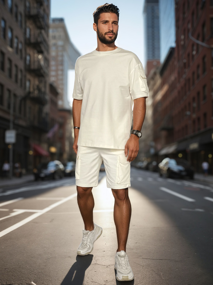 Smotanová pánska krátka tepláková súprava s vreckom na rukáve AX0798 Veľkosť: 2XL