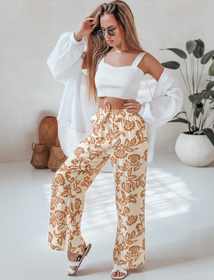 Camel-smotanové dámske letné široké nohavice LOVEGARDEN s kvetinovým vzorom UY2657 Veľkosť: M