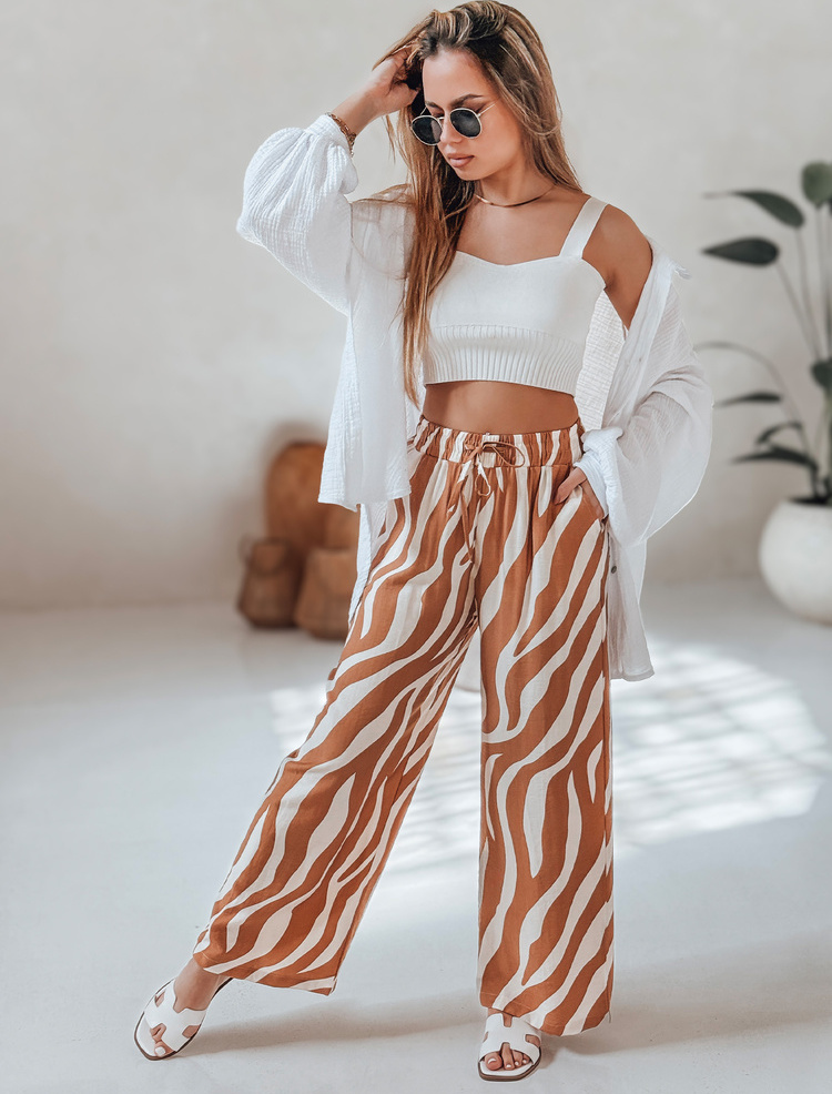 Camel-smotanové dámske široké letné nohavice ZEBRAVIBE UY2655 Veľkosť: M