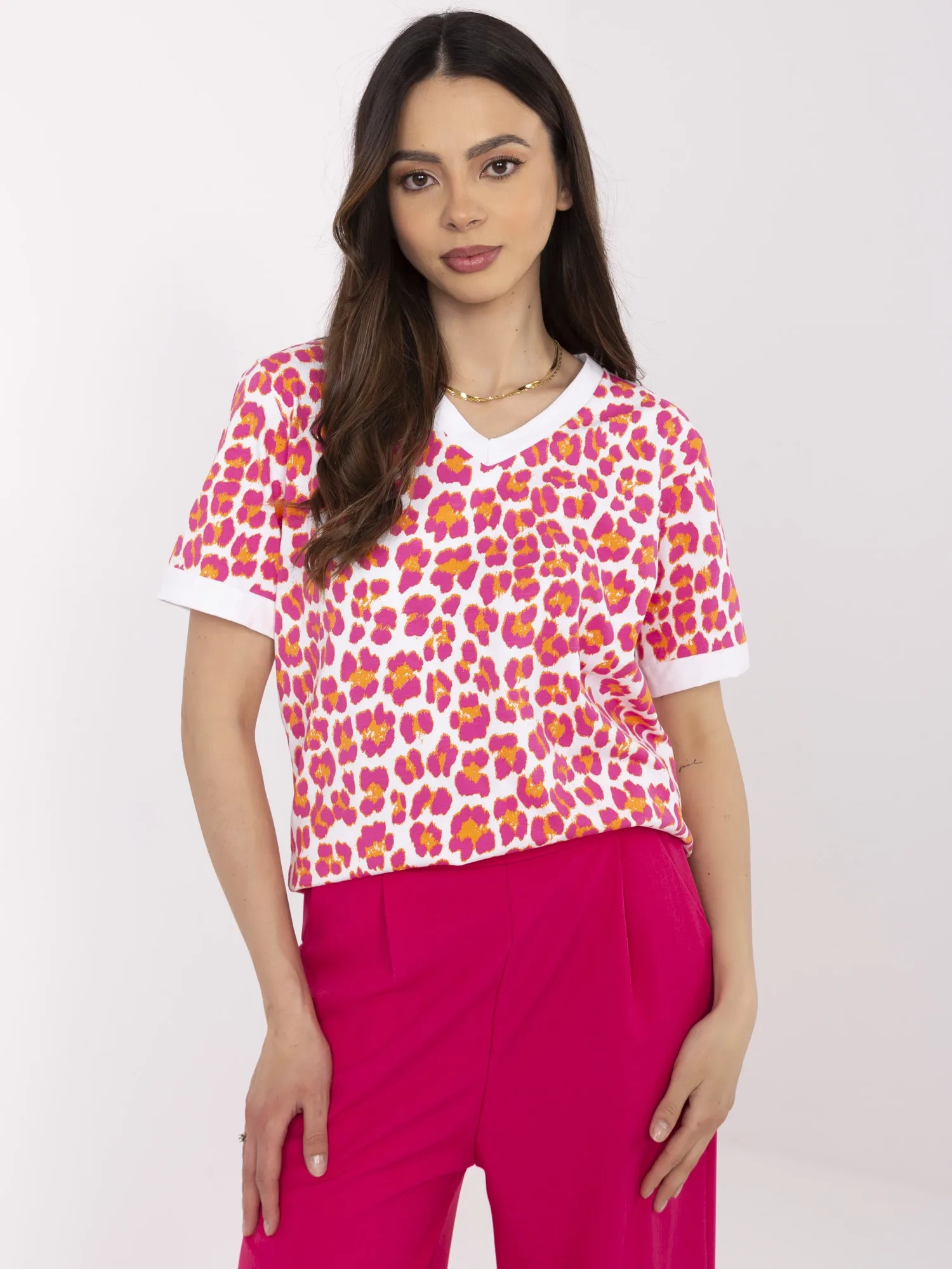 Bielo-fuchsiová dámska blúzka s krátkym rukávom MI-BZ-M6312-1.29-fuchsia Veľkosť: ONE SIZE
