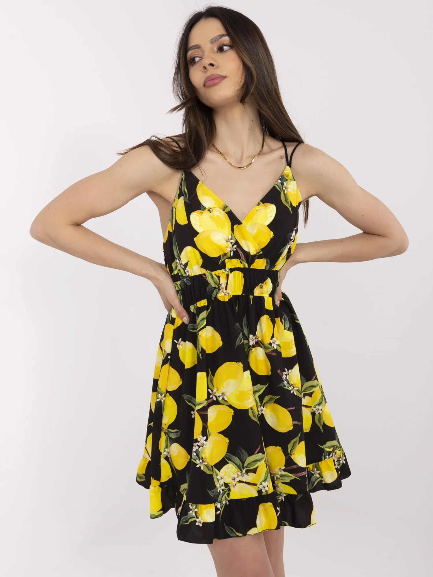 Dámske čierne letné šaty s citrónovou potlačou MI-SK-22099.76-black-yellow Veľkosť: ONE SIZE