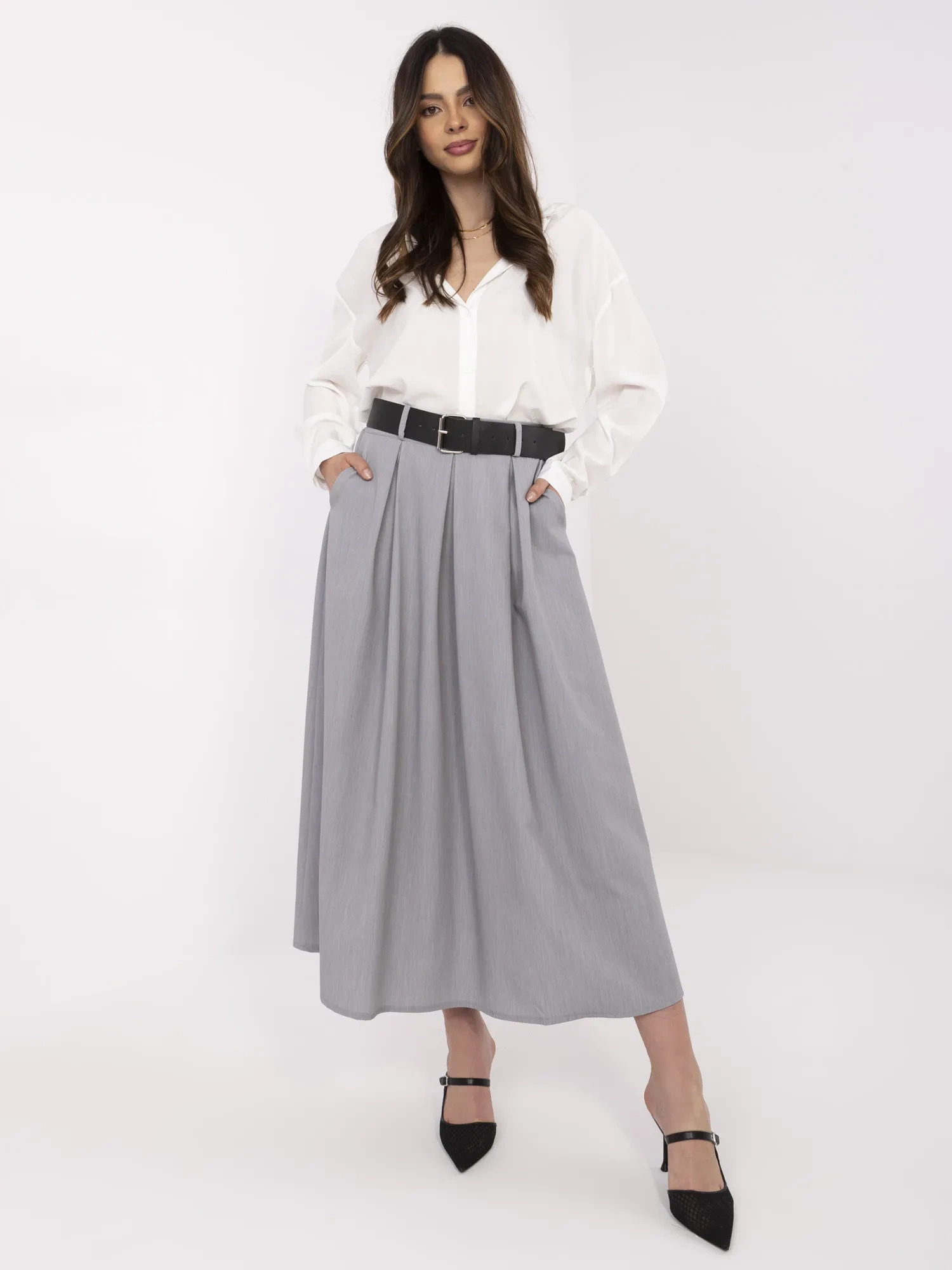 Sivá dámska elegantná sukňa so širokým opaskom MI-SD-88653.89-grey Veľkosť: ONE SIZE