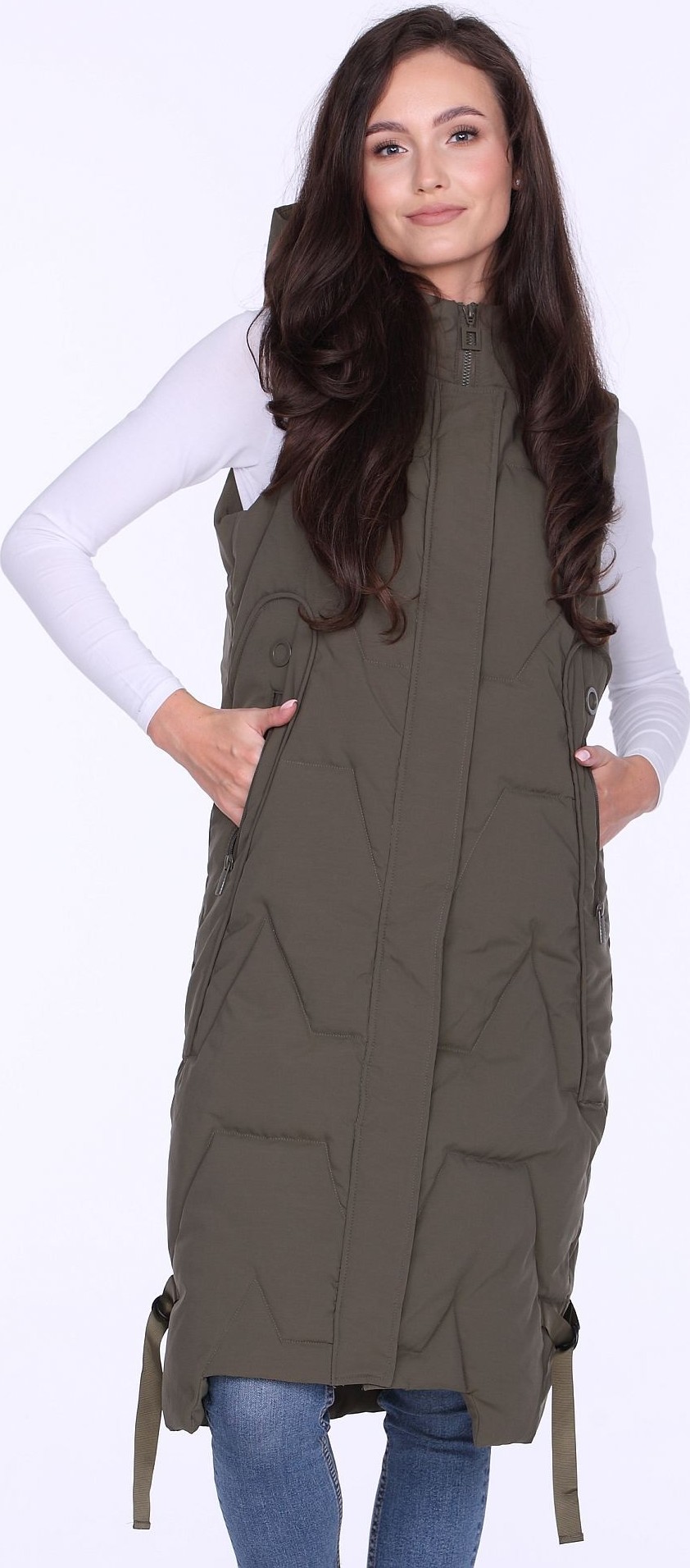 Dámska khaki dlhá prešívaná vesta s kapucňou BLH 220050 F - Khaki Veľkosť: S