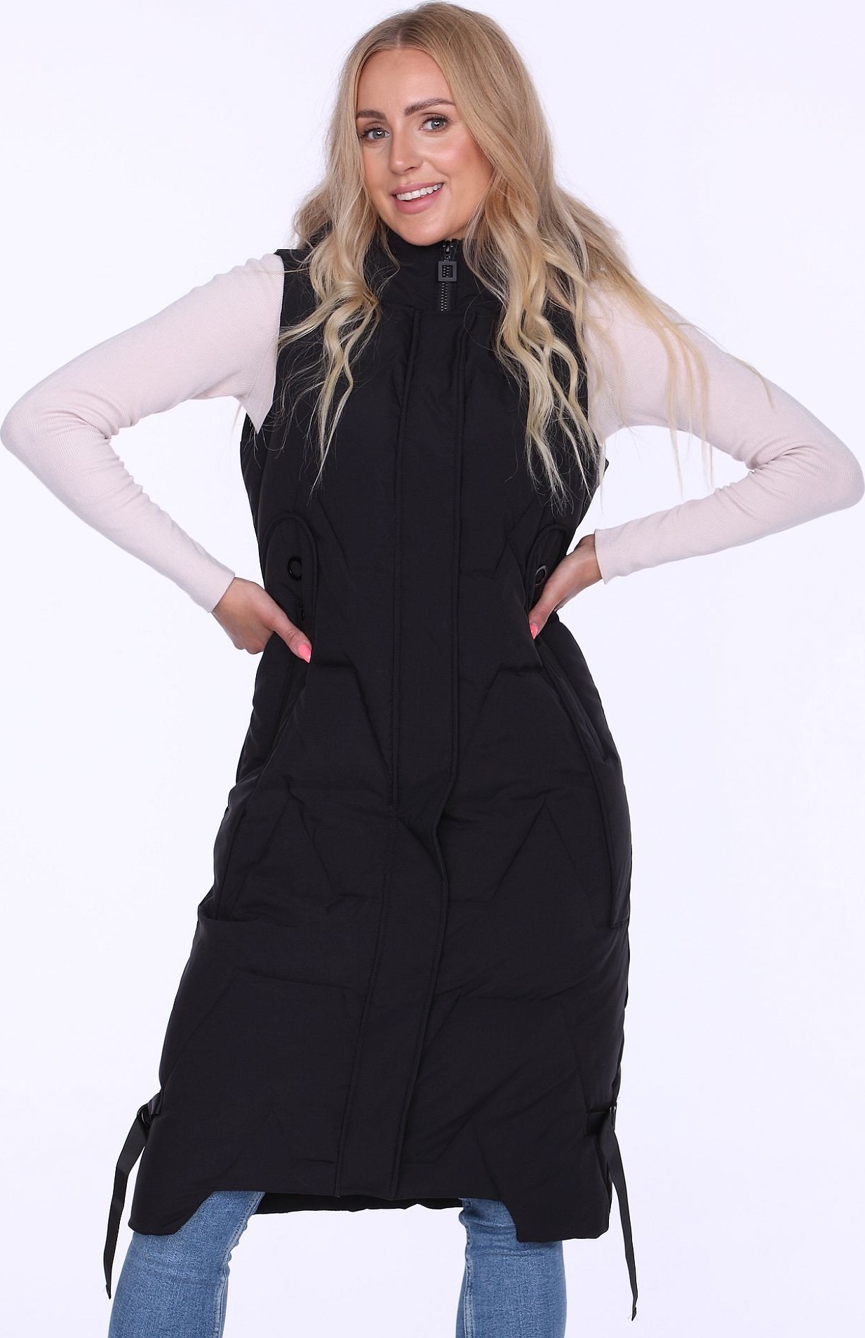 Dámska čierna dlhá prešívaná vesta s kapucňou BLH 220050 F - Black Veľkosť: S