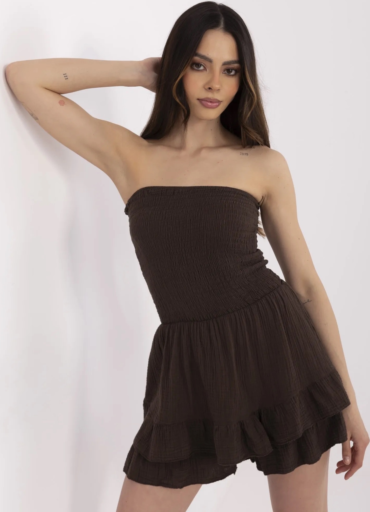 Hnedý dámsky mušelínový overal bez rukávov MI-KO-61124.94-brown Veľkosť: ONE SIZE