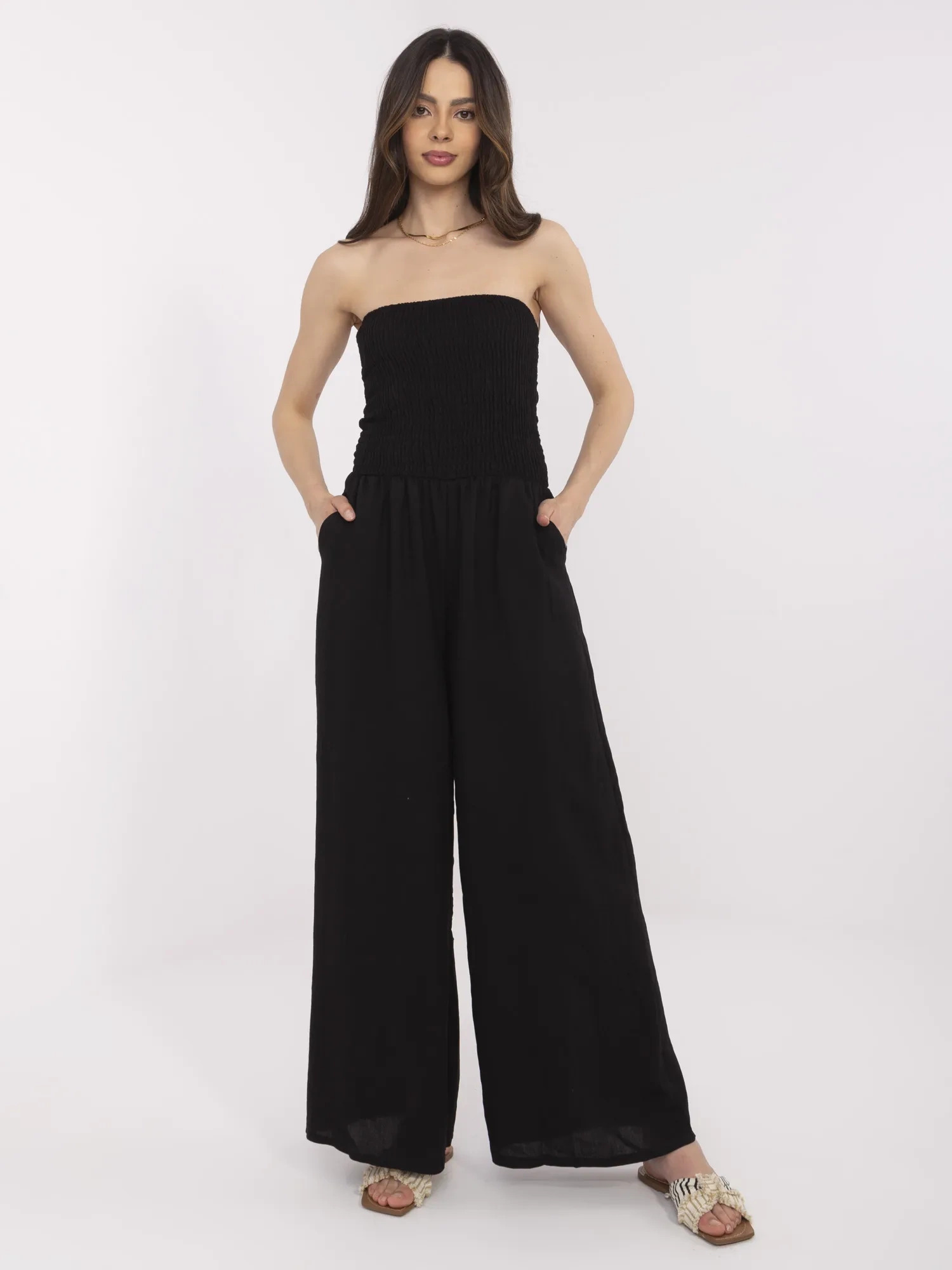 Dámsky čierny overal z viskózy s odhalenými ramenami MI-KO-271125.80-black Veľkosť: ONE SIZE