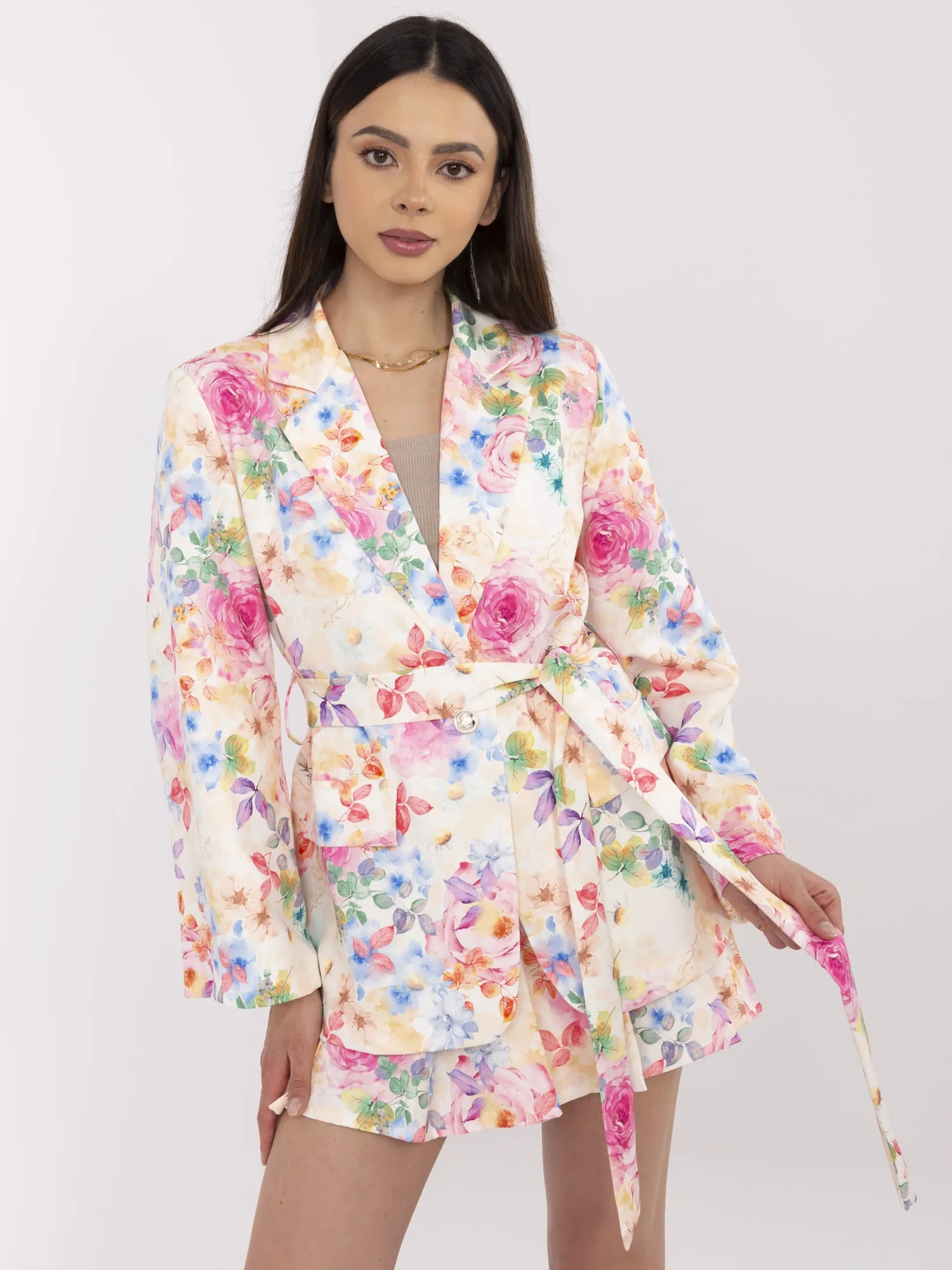 Smotanový dámsky kvetinový set blejzra a sukne so všitými kraťasmi DHJ-KMPL-A9061-1.70P-ecru Veľkosť: ONE SIZE