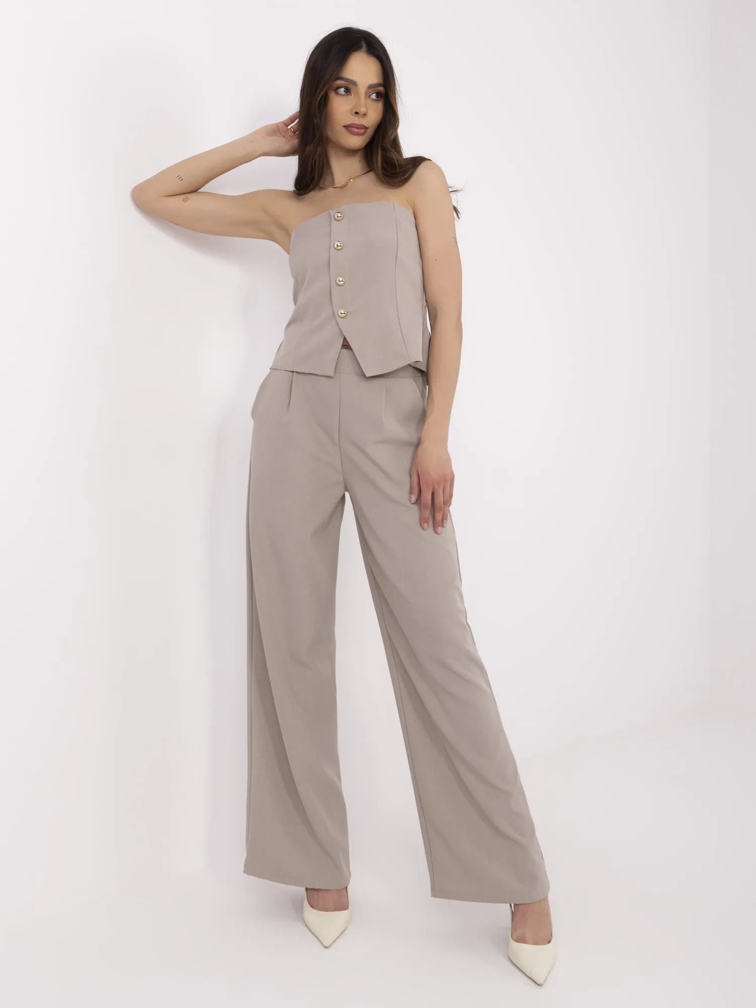Tmavobéžový dámsky komplet s topom bez rukávov MI-KMPL-A2349.75-dark beige Veľkosť: ONE SIZE