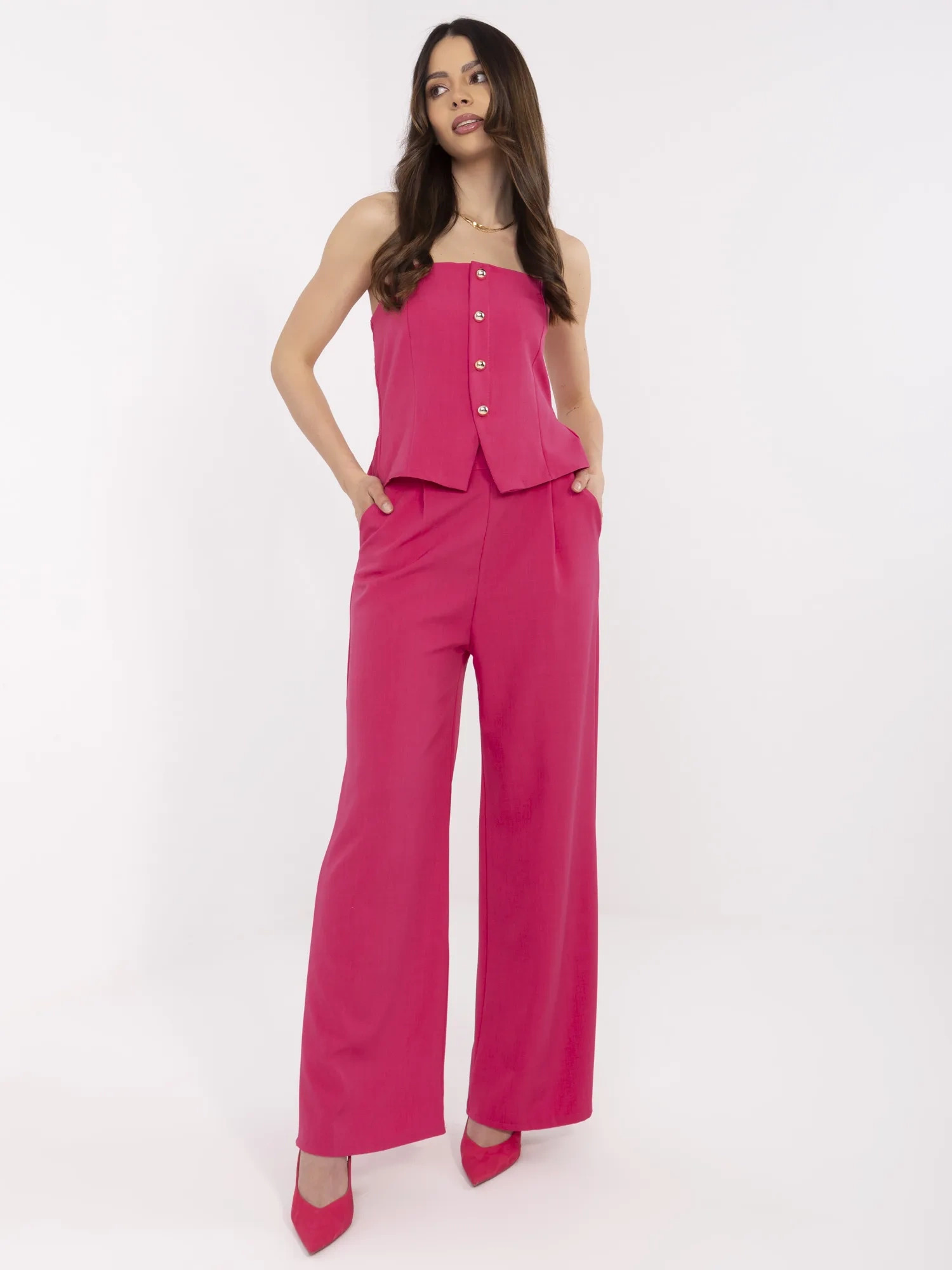 Tmavoružový dámsky komplet s topom bez rukávov MI-KMPL-A2349.75-fuchsia Veľkosť: ONE SIZE