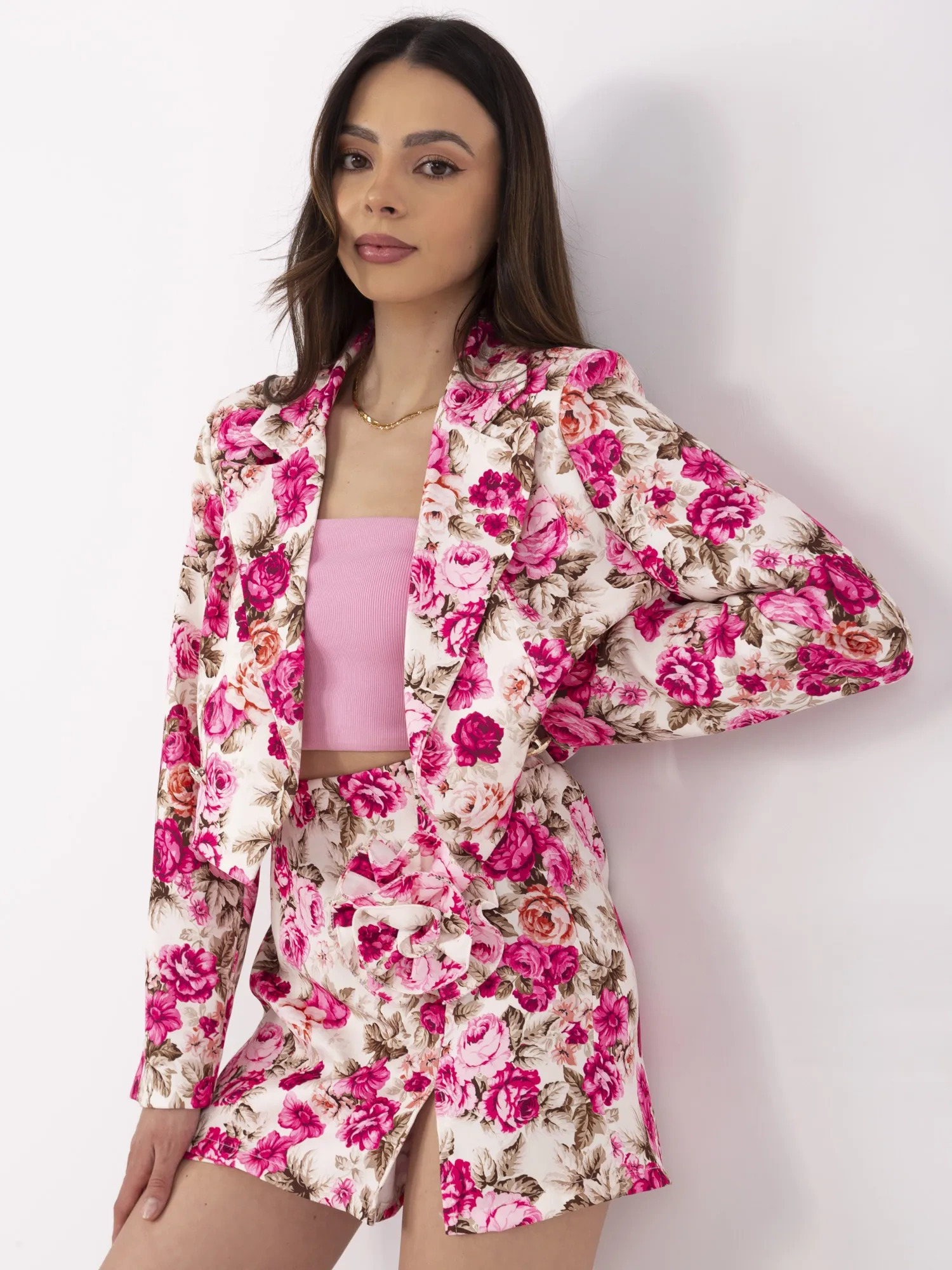 Smotanovo-ružový dámsky kvetovaný set DHJ-KMPL-A6091.18-PINK Veľkosť: L/XL